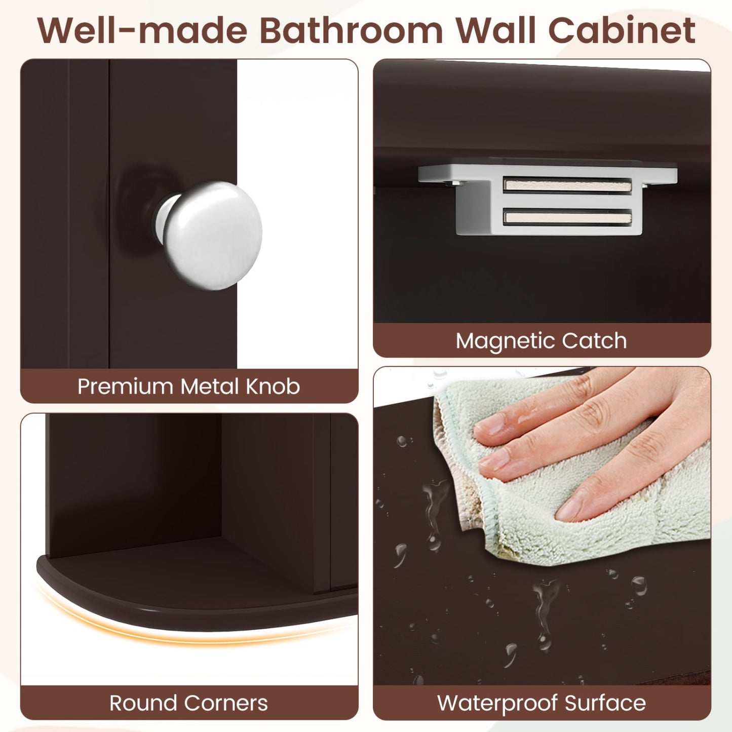 Bathroom Wall Cabinet, Mirror Door, 4 Shelves, Brown