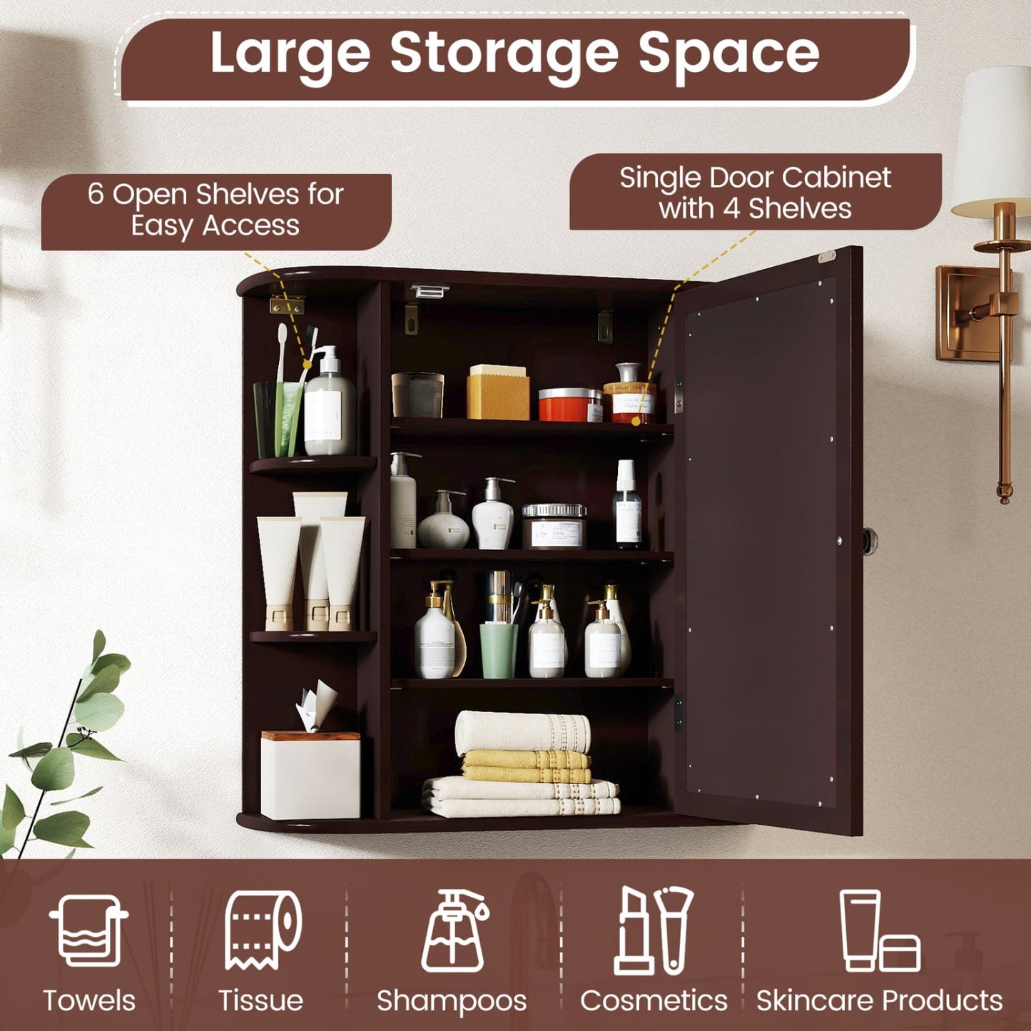 Bathroom Wall Cabinet, Mirror Door, 4 Shelves, Brown
