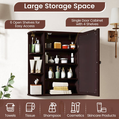 Bathroom Wall Cabinet, Mirror Door, 4 Shelves, Brown