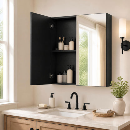 Bathroom Wall Cabinet, 2 Mirrored Doors, Black