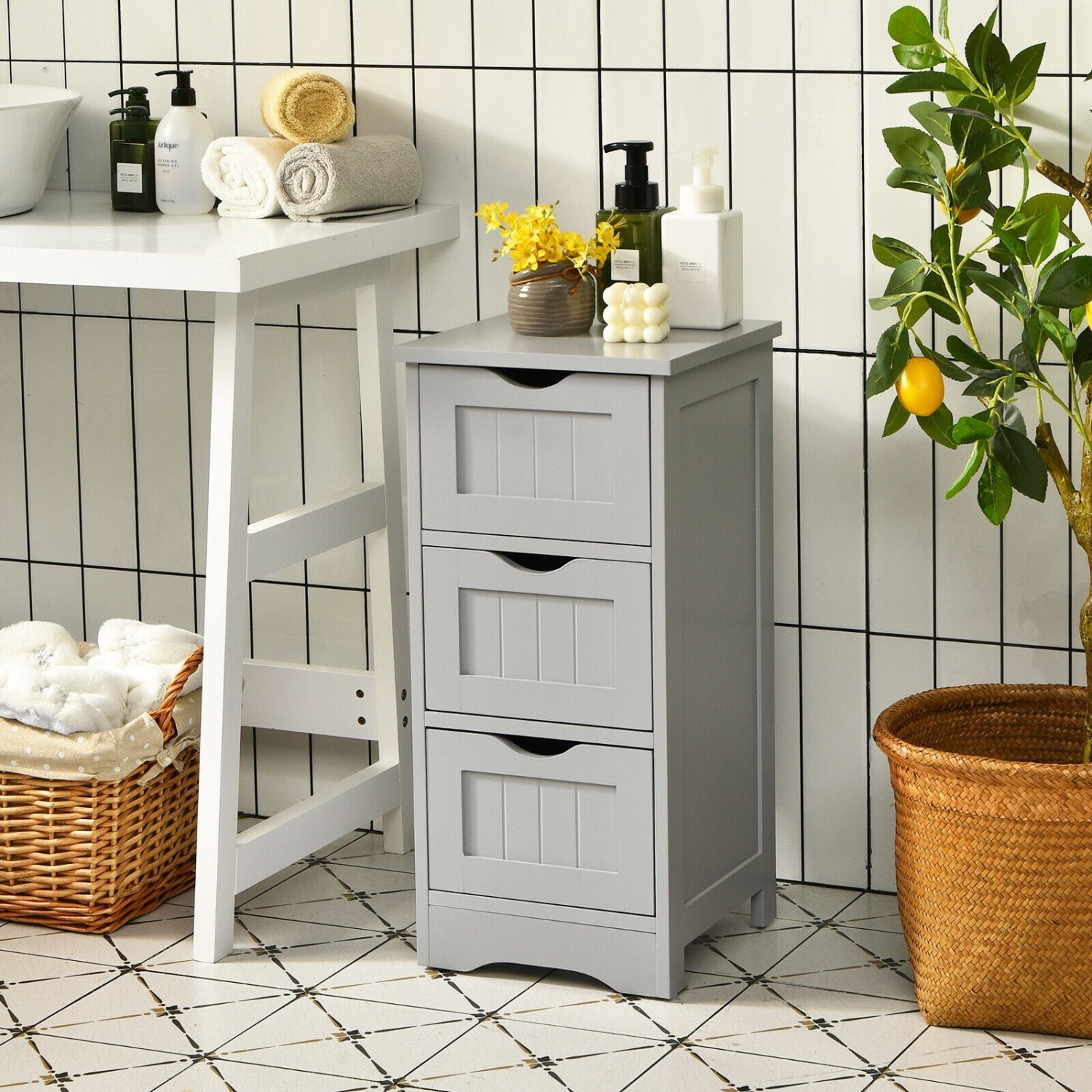 Wooden Free Standing Storage Cabinet, 3-Tier, Gray Floor Cabinets at Gallery Canada