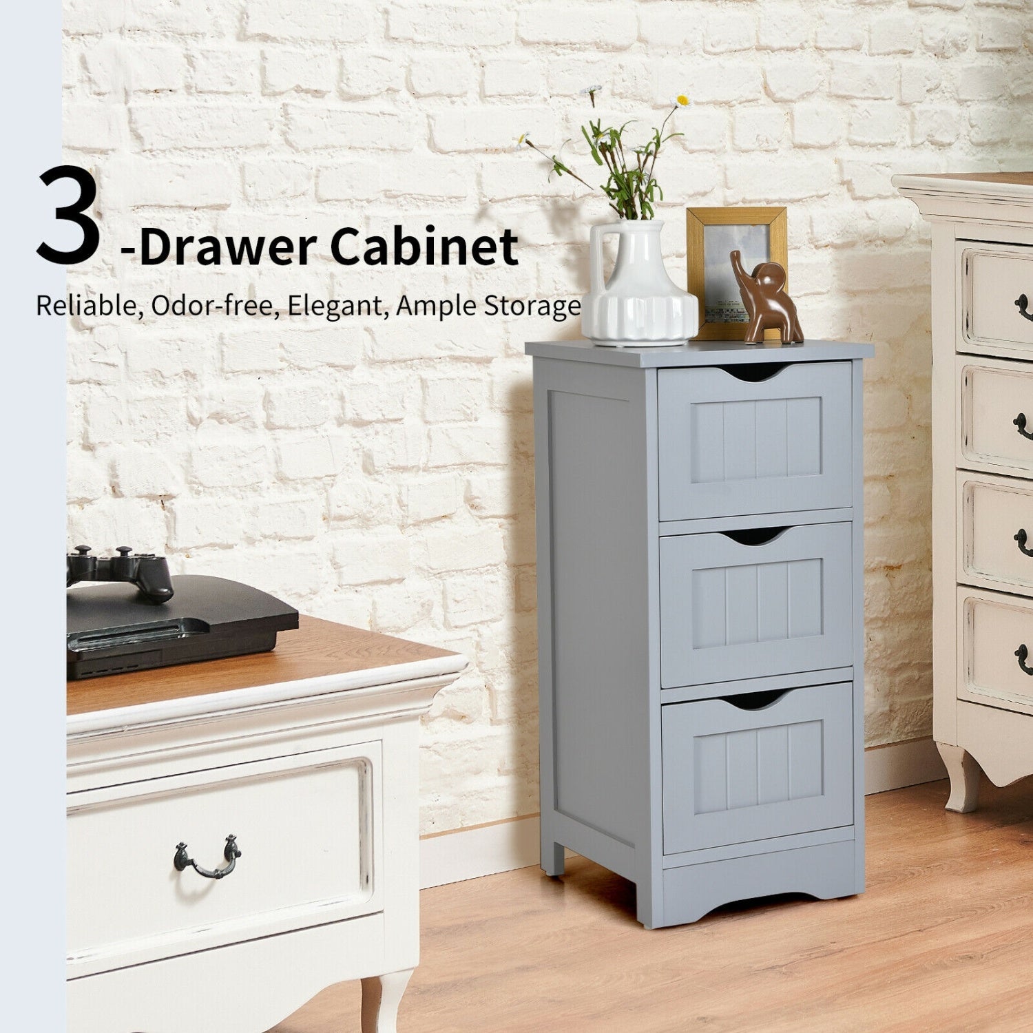 Wooden Free Standing Storage Cabinet, 3-Tier, Gray Floor Cabinets at Gallery Canada