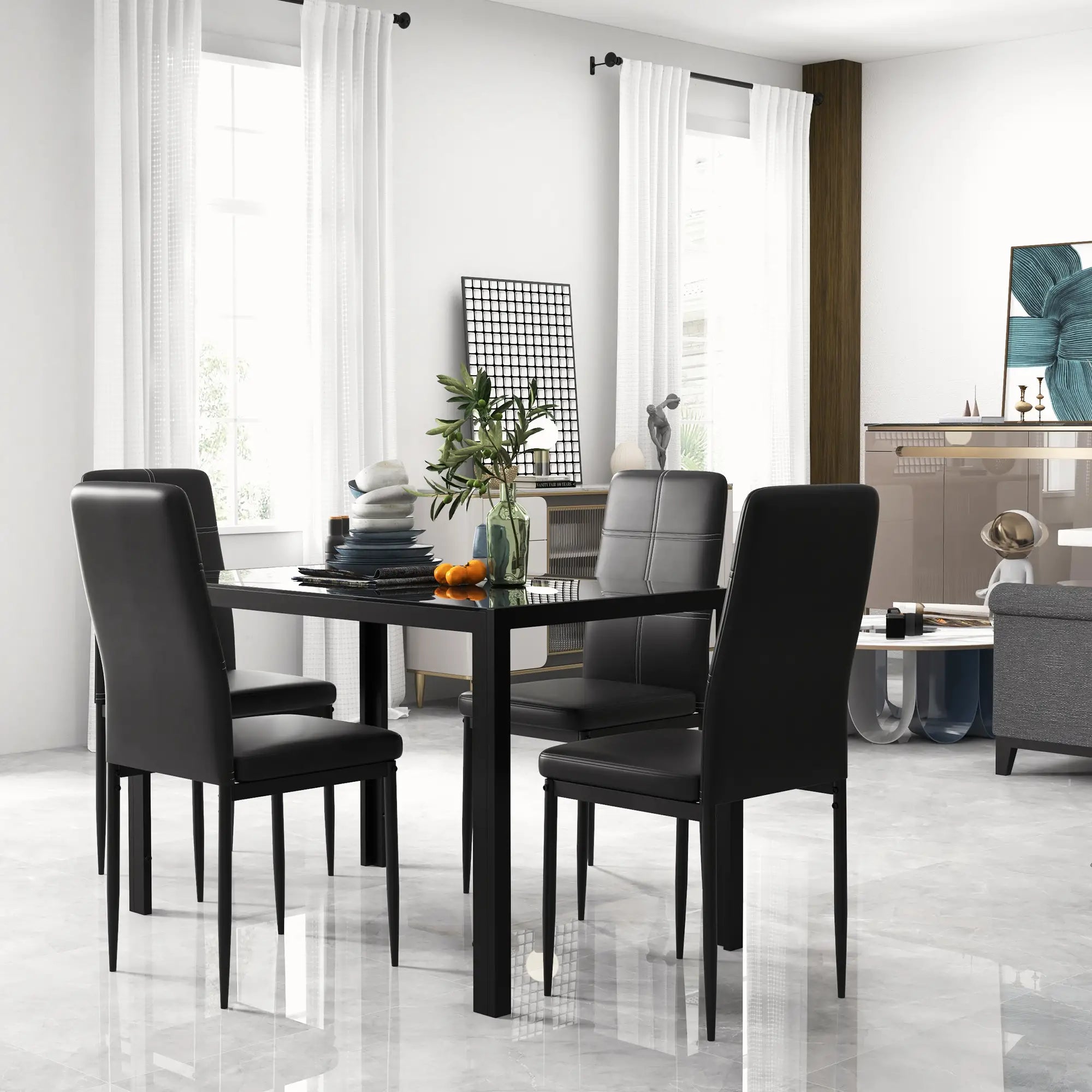 5-Piece Rectangular Glass Dining Table, Metal Frame, Faux Leather Chairs, Black Bar Sets at Gallery Canada