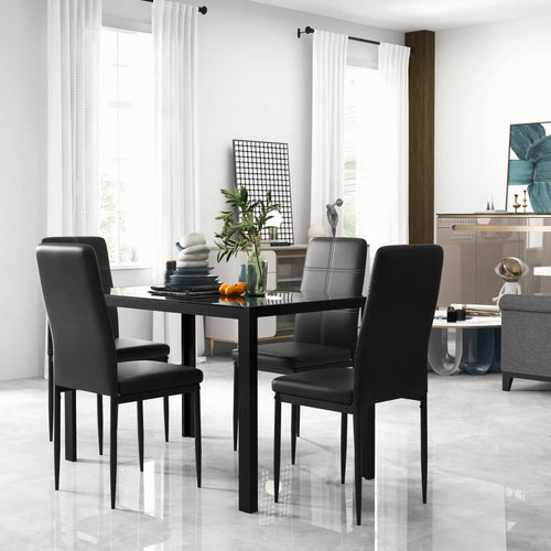 5-Piece Rectangular Glass Dining Table, Metal Frame, Faux Leather Chairs, Black