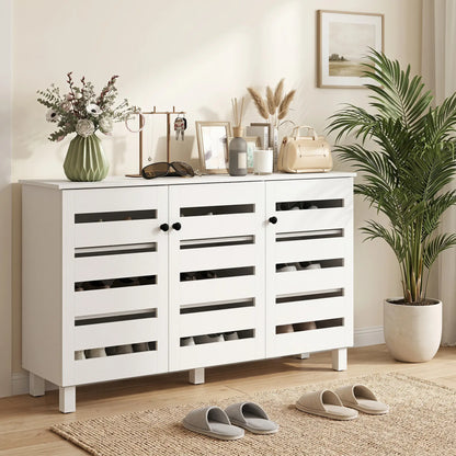 3-Door Shoe Cabinet, 3-Tier Adjustable Shelves For 15 Pairs, White