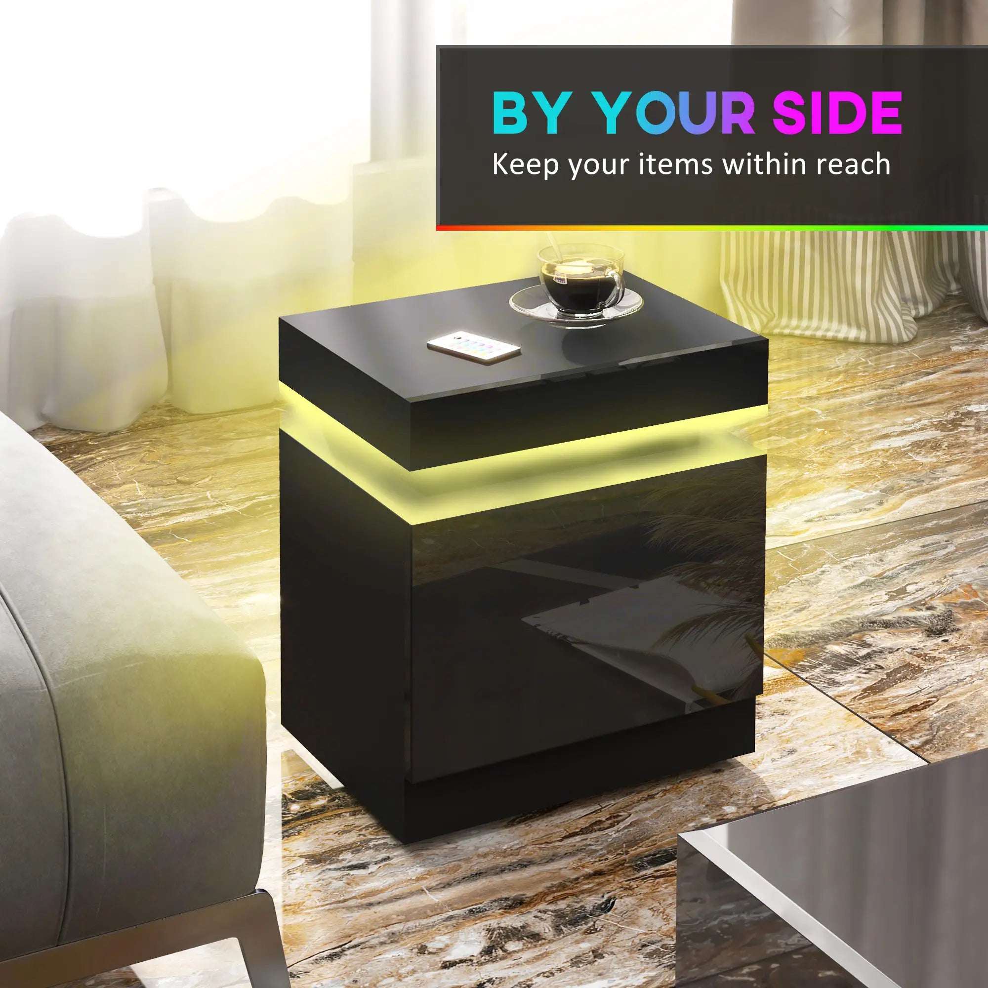 Nightstand, Bedside Table with LED Lights, 2 Drawers, Black Bedside Tables at Gallery Canada