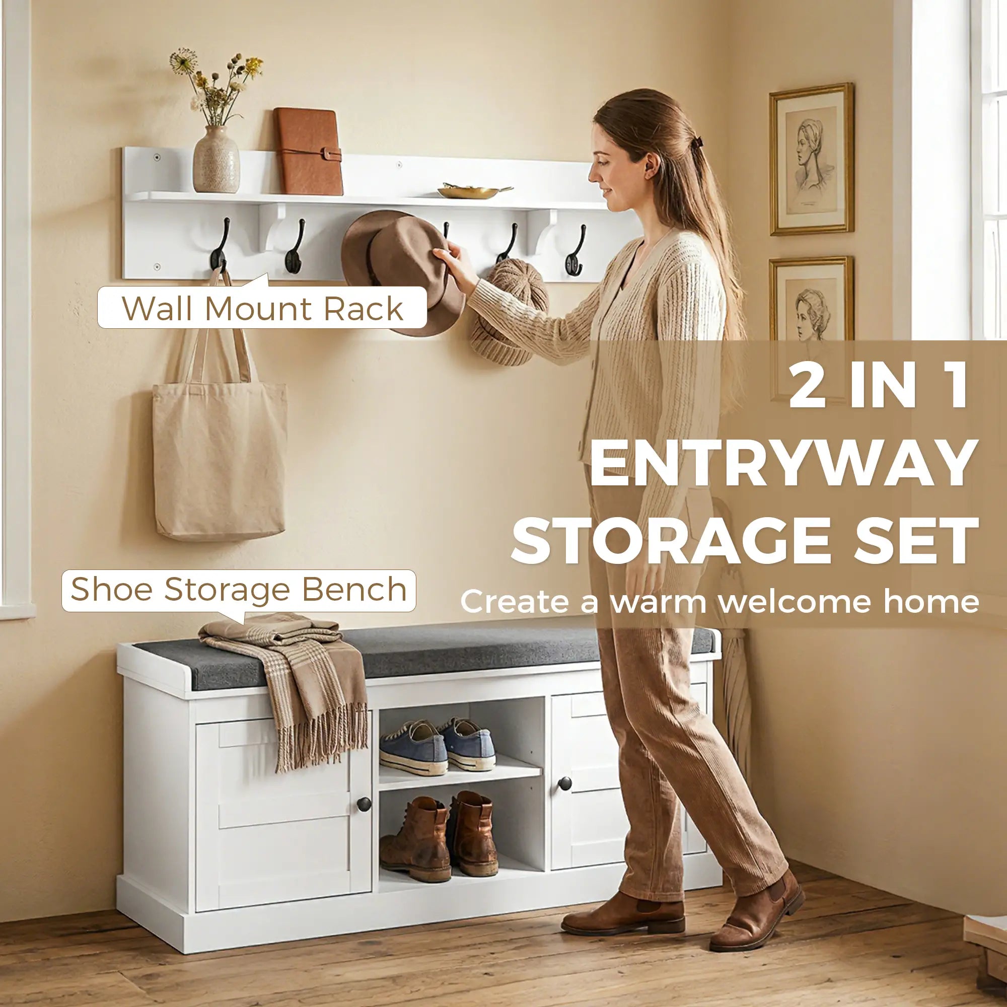 2-in-1 Coat Rack Shoe Bench With 6 Hooks, White Grey Shoe Storage Cabinets & Racks at Gallery Canada