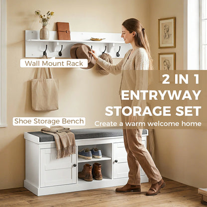 2-in-1 Coat Rack Shoe Bench With 6 Hooks, White Grey Shoe Storage Cabinets & Racks at Gallery Canada