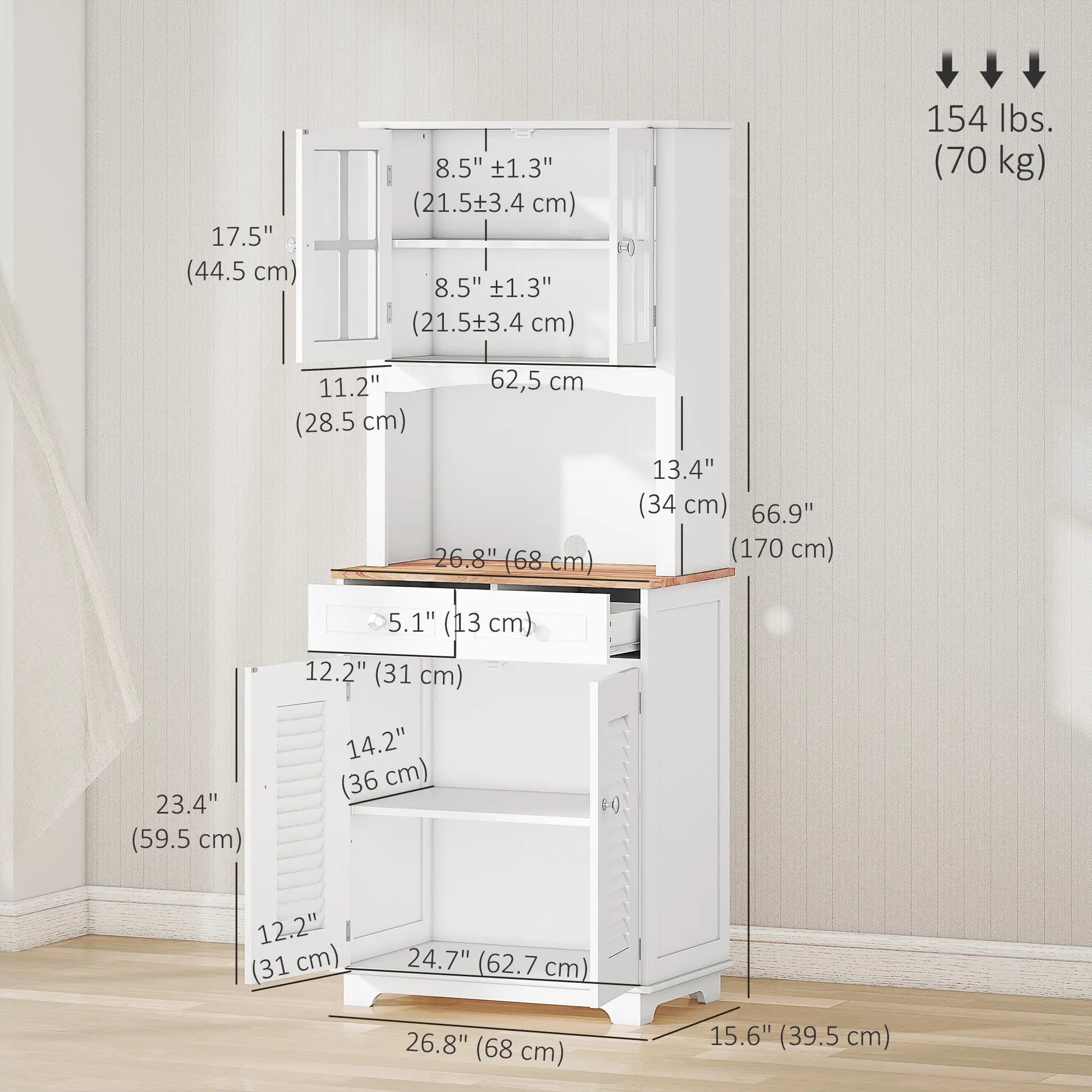 Coastal Kitchen Buffet Hutch, Wood Storage Cupboard, Glass Door, White Kitchen Pantry Cabinets at Gallery Canada