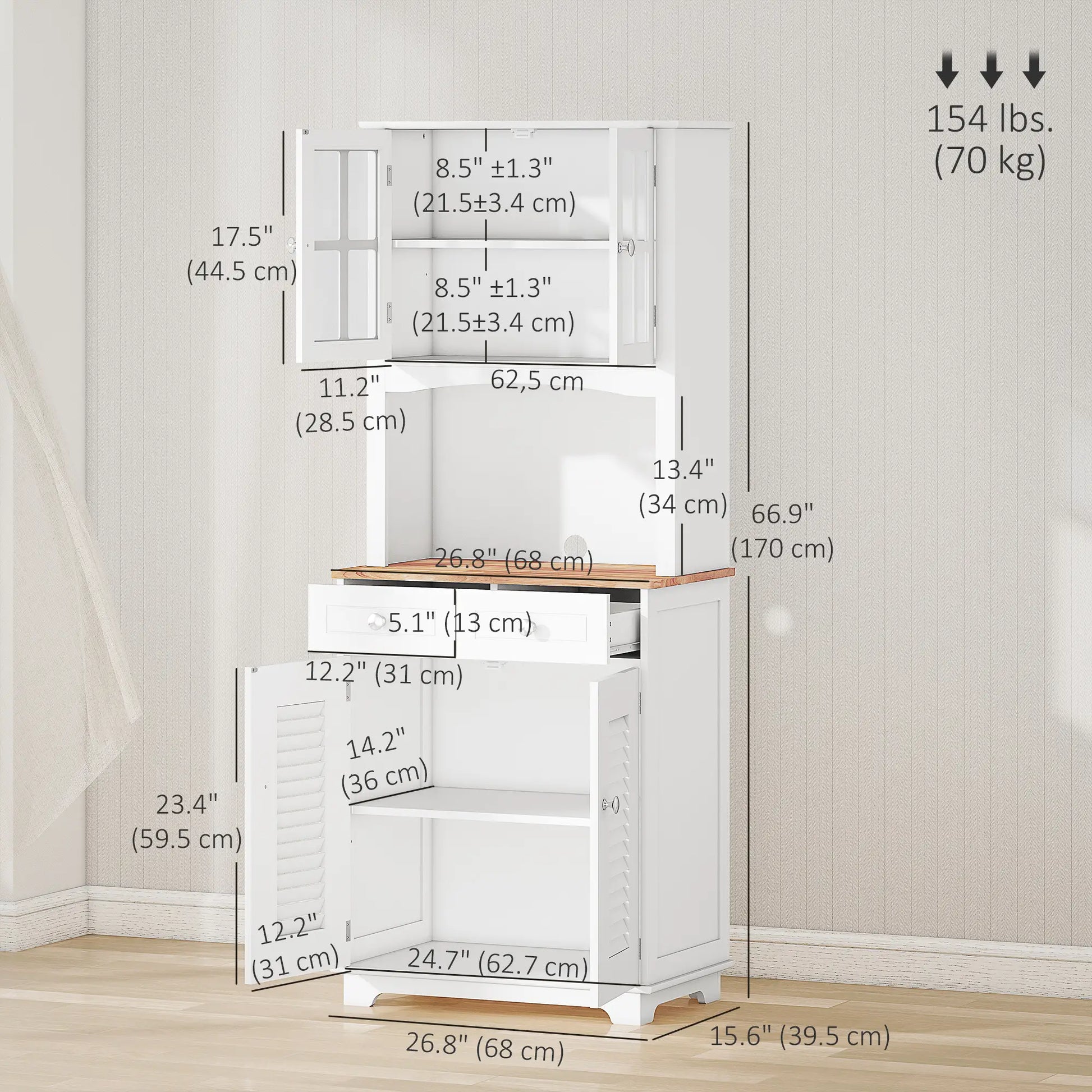 Coastal Kitchen Buffet Hutch, Wood Storage Cupboard, Glass Door, White Kitchen Pantry Cabinets at Gallery Canada