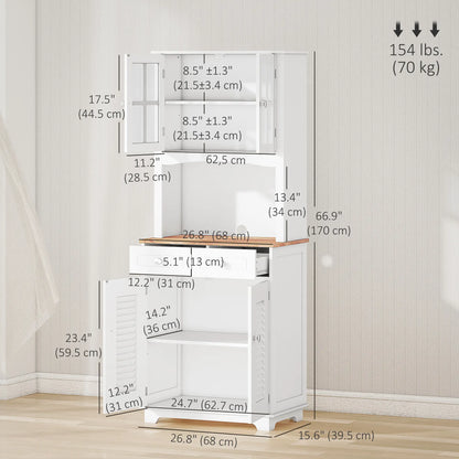 Coastal Kitchen Buffet Hutch, Wood Storage Cupboard, Glass Door, White Kitchen Pantry Cabinets at Gallery Canada