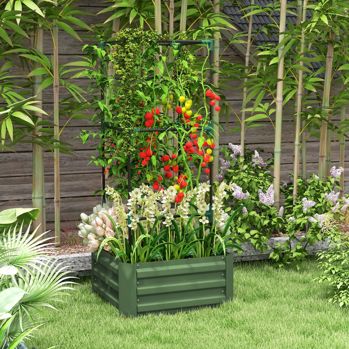 Boîte de plantation galvanisée, Lit de jardin surélevé extérieur, Cage à tomates à treillis à 3 niveaux