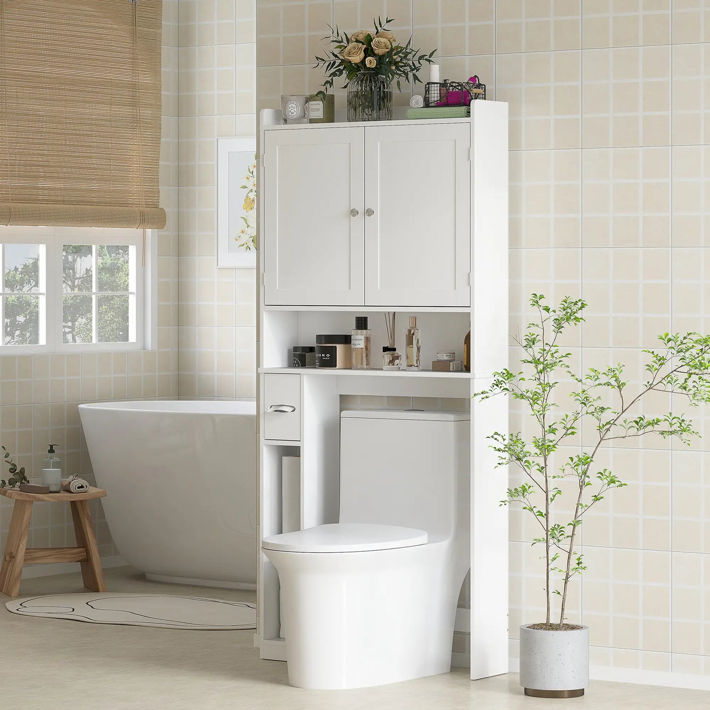 Over Toilet Storage Cabinet, 2 Doors, Toilet Paper Holder, White Bathroom Cabinets at Gallery Canada