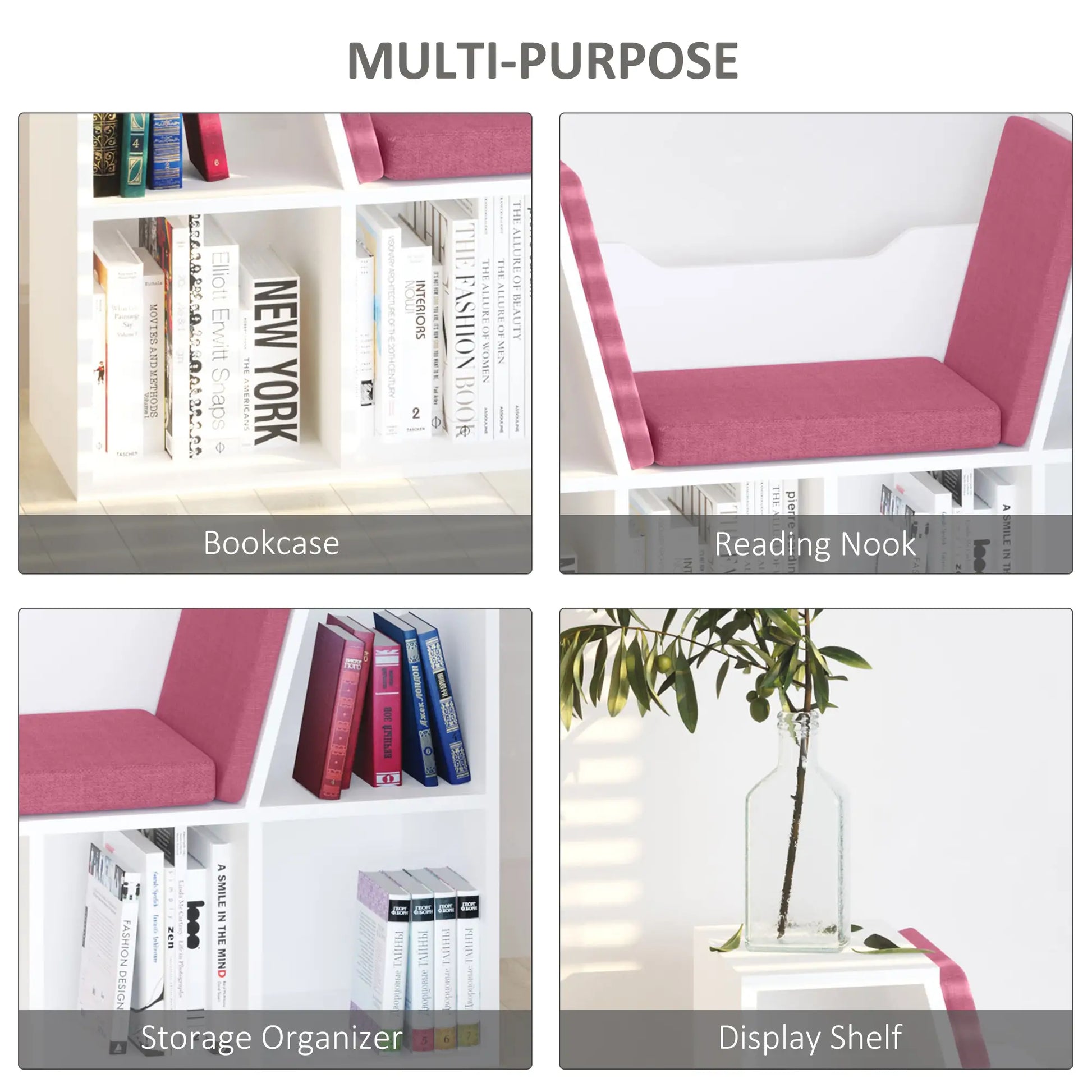 6-Cubby Bookcase with Seat Cushion, Cube Storage Shelf, Pink Small Bookshelves at Gallery Canada