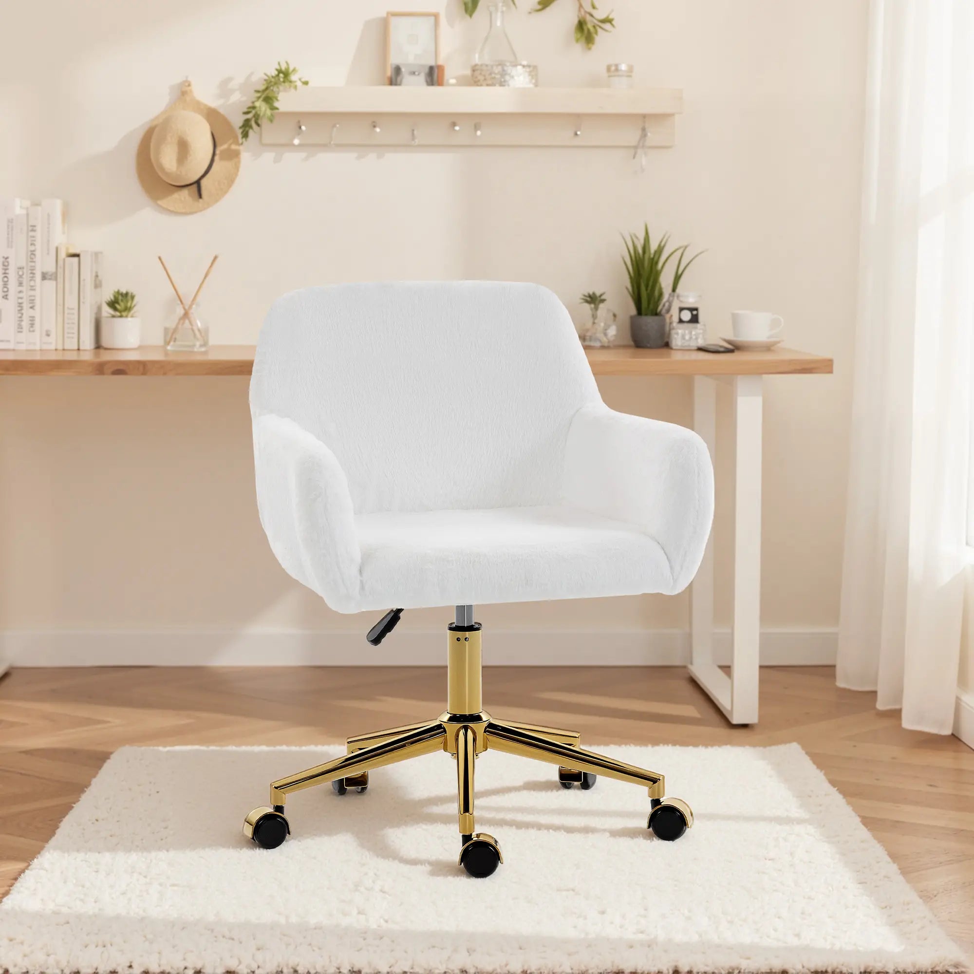 Faux Rabbit Fur Upholstered Office Chair, Cream White Task Chairs at Gallery Canada