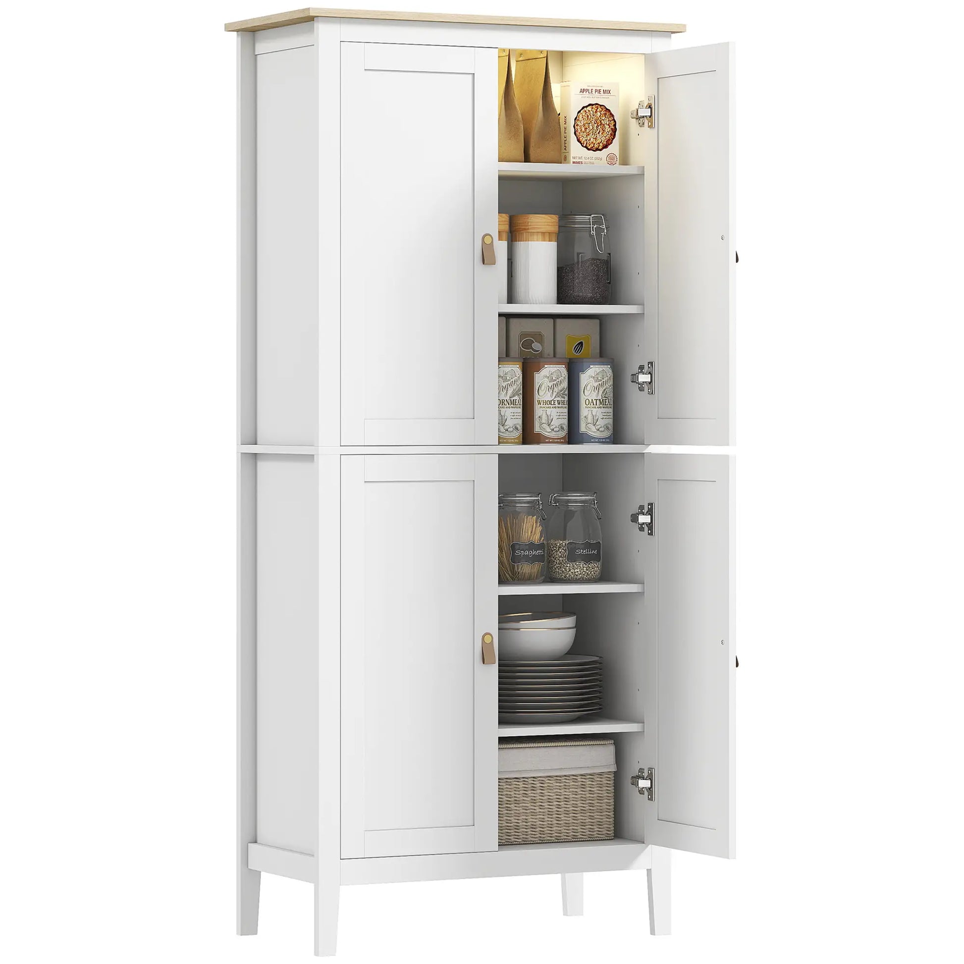 69.5" Tall Kitchen Pantry Cabinet, Motion Sensor LED Light, White Kitchen Pantry Cabinets White, Natural at Gallery Canada