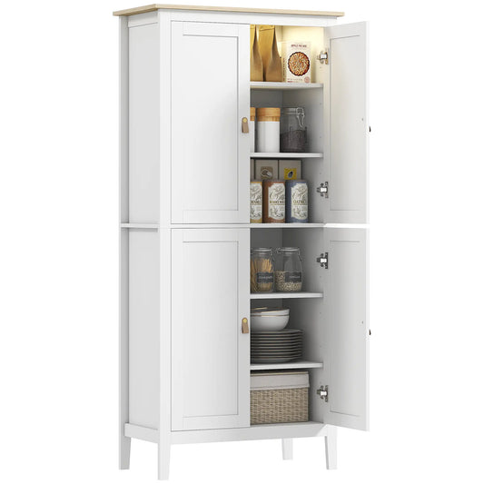 69.5" Tall Kitchen Pantry Cabinet, Motion Sensor LED Light, White Kitchen Pantry Cabinets White, Natural at Gallery Canada