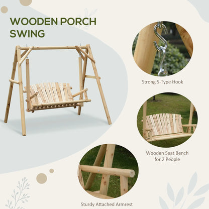 6.5' Wooden Loveseat, Farmhouse Style Log Swing, Natural Wood Patio Swings with Stand at Gallery Canada