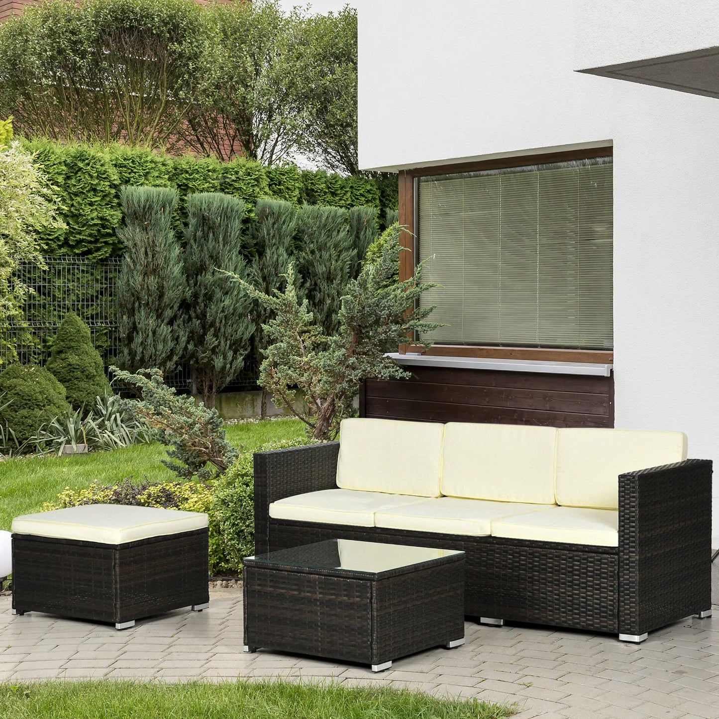 3-Piece Patio Set with Cushions, PE Rattan Sofa, Glass Table, Cream White Patio Furniture Sets at Gallery Canada