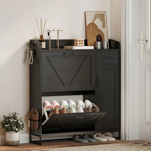 Farmhouse Shoe Storage Cabinet, Side Cabinet, Adjustable Shelves, Black