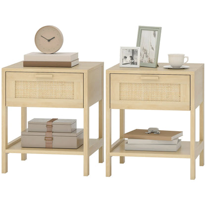 Narrow Nightstand With Rattan, Drawer And Shelf, Set Of 2, Natural Wood Bedside Tables Natural at Gallery Canada