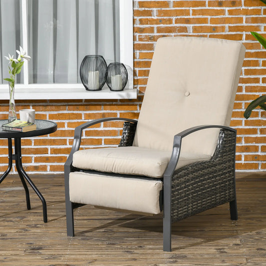 Outdoor Rattan Recliner Chair, Adjustable Back, Retractable Footrest, Khaki Chaise Loungers Khaki at Gallery Canada