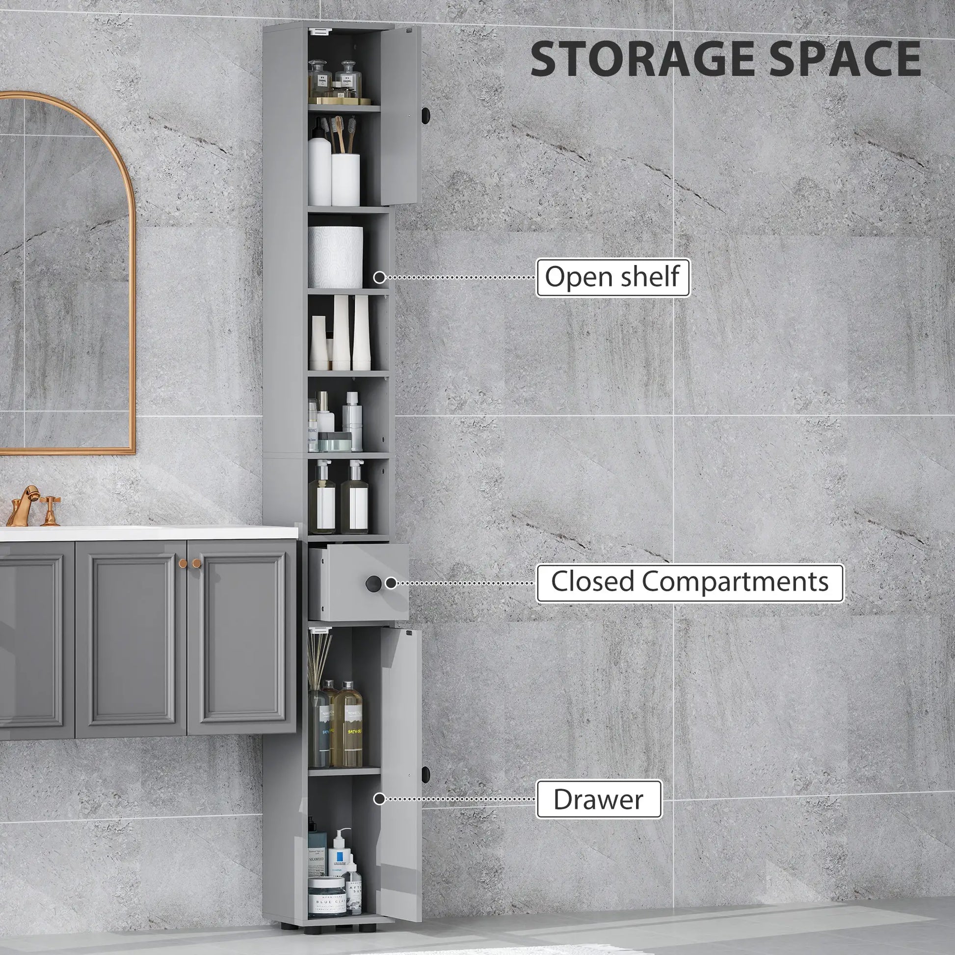 71" Tall Bathroom Cabinet, Narrow Toilet Paper Storage, 2 Door, Adjustable Shelves, Grey Bathroom Cabinets at Gallery Canada