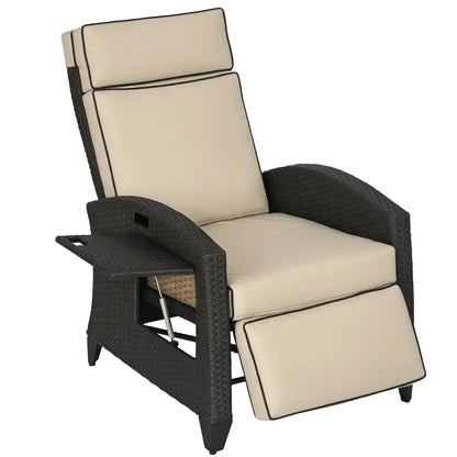 Outdoor Recliner Chair, Adjustable Backrest, Cushion, Side Tray, Khaki Chaise Loungers Khaki, Brown at Gallery Canada