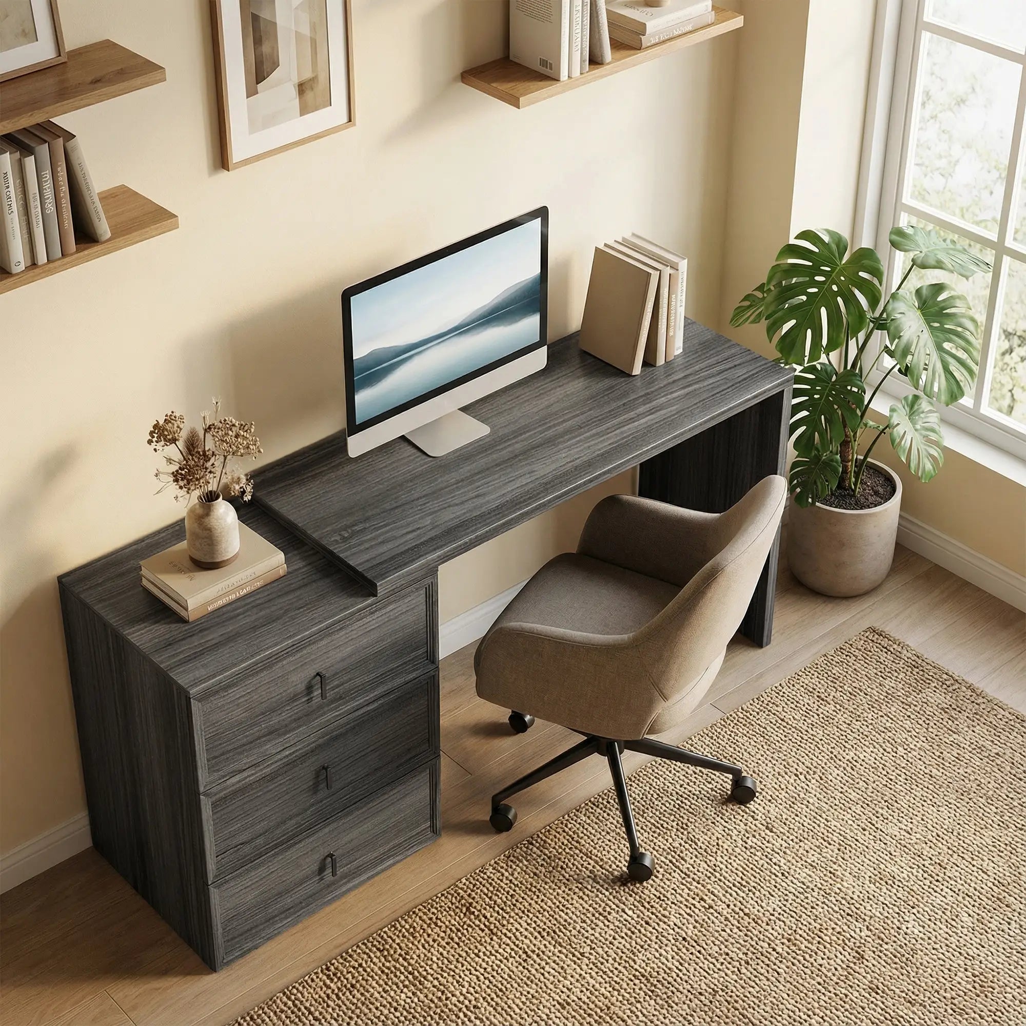 L-Shaped Computer Desk, 3 Drawers, Black Wood Grain, Black Computer Desks at Gallery Canada
