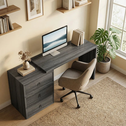 L-Shaped Computer Desk, 3 Drawers, Black Wood Grain, Black Computer Desks at Gallery Canada