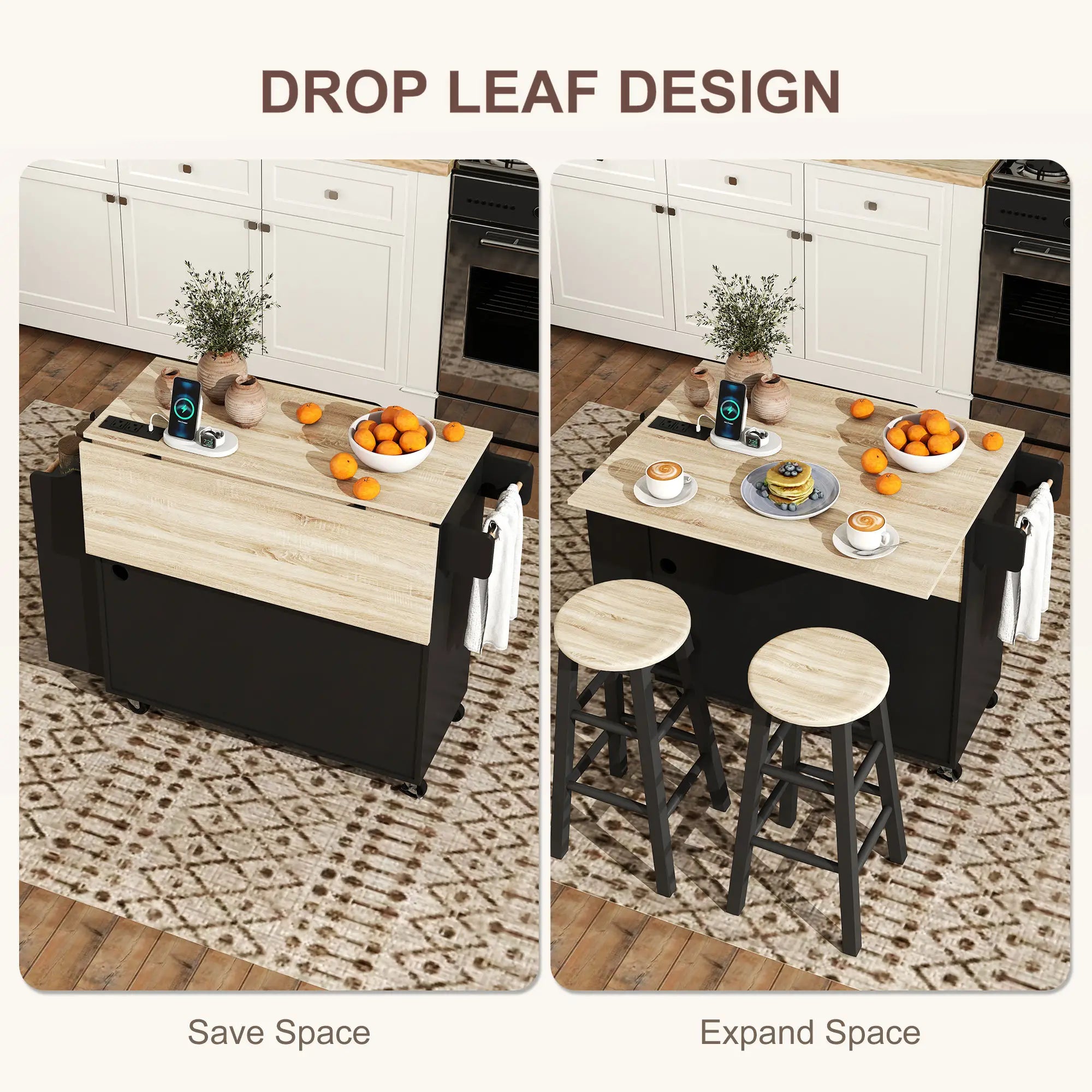 Kitchen Island with Storage, Rolling Cart, Foldable Drop Leaf, Power Outlet, USB Ports, Black Kitchen Islands & Kitchen Carts at Gallery Canada