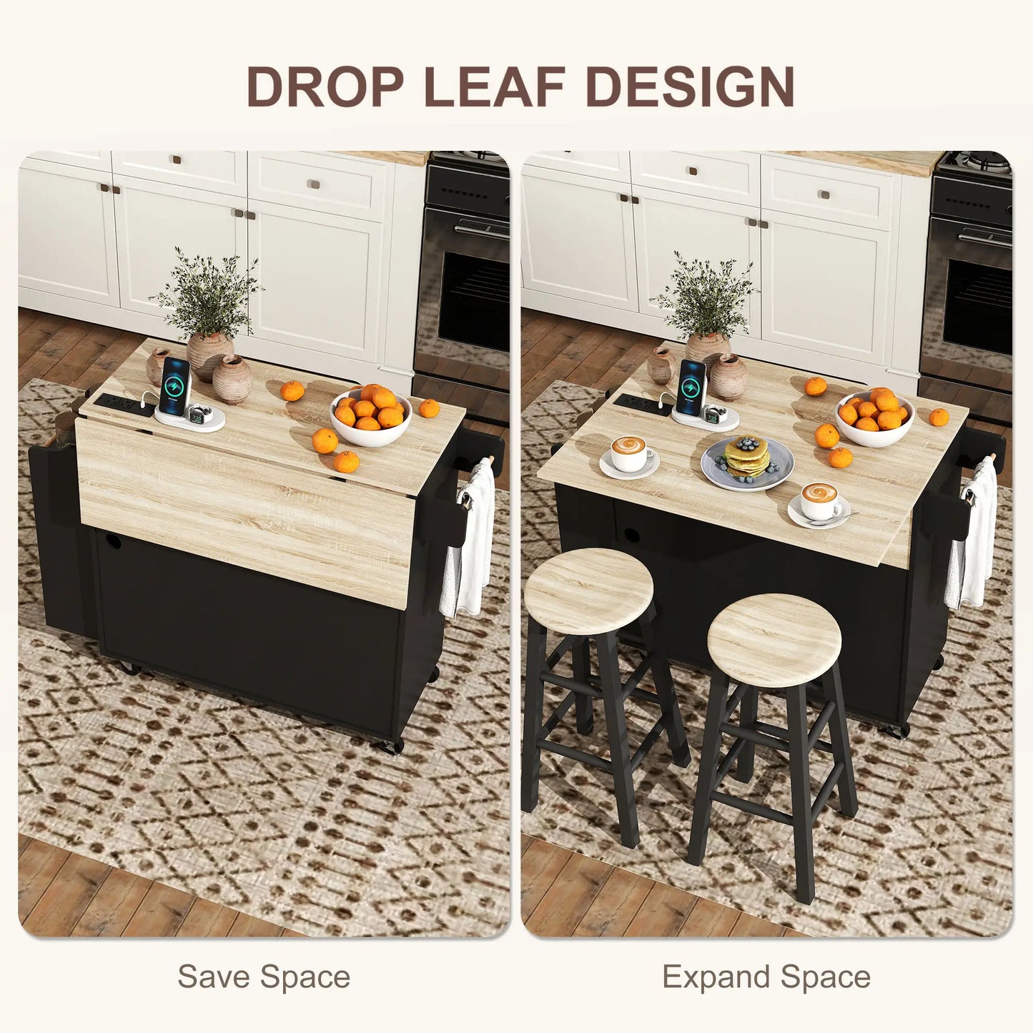 Kitchen Island with Storage, Rolling Cart, Foldable Drop Leaf, Power Outlet, USB Ports, Black Kitchen Islands & Kitchen Carts at Gallery Canada