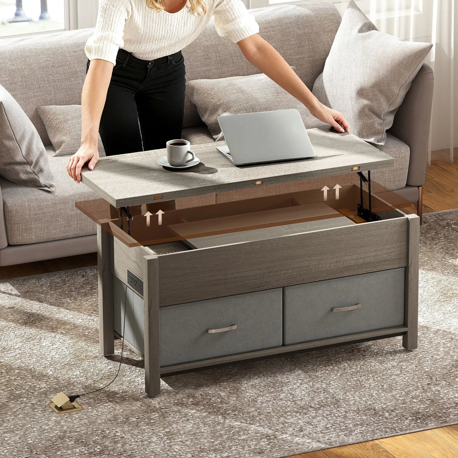 Lift Top Coffee Table, 3 Hidden Compartments, 2 Fabric Drawers, Expandable Top, Charging Station Coffee Tables at Gallery Canada