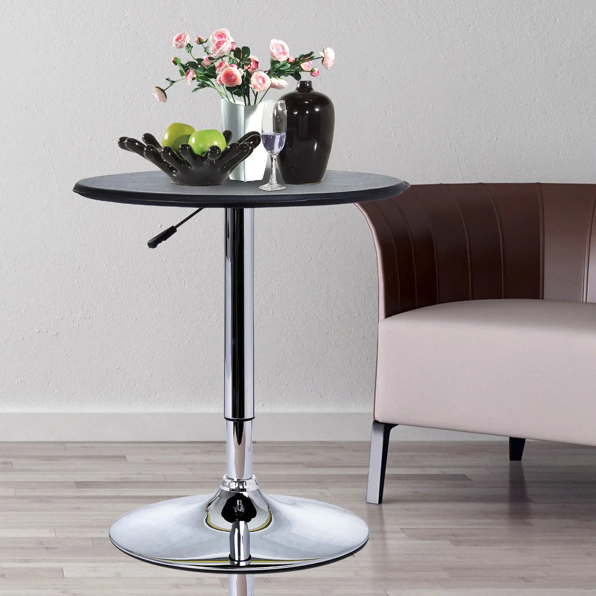 Round Bar Table, Adjustable Height, Faux Leather Top, Chrome Base, Black Bar Tables & Dining Tables at Gallery Canada