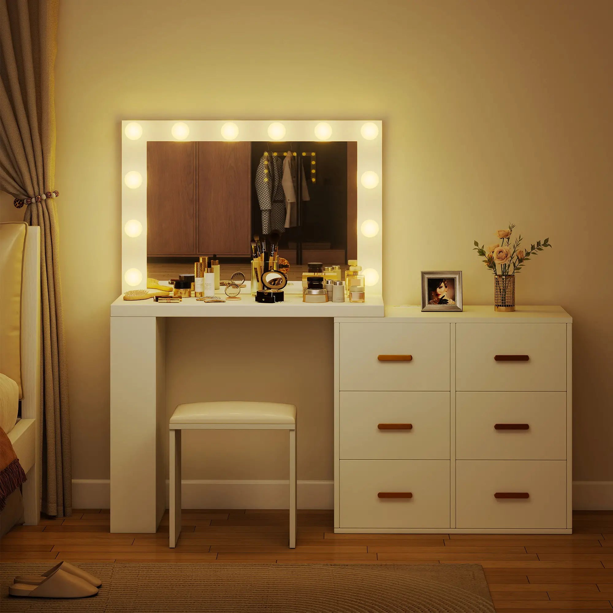 Vanity Desk with Mirror, LED Lights, Power Outlet, White Dressing & Vanity Tables at Gallery Canada