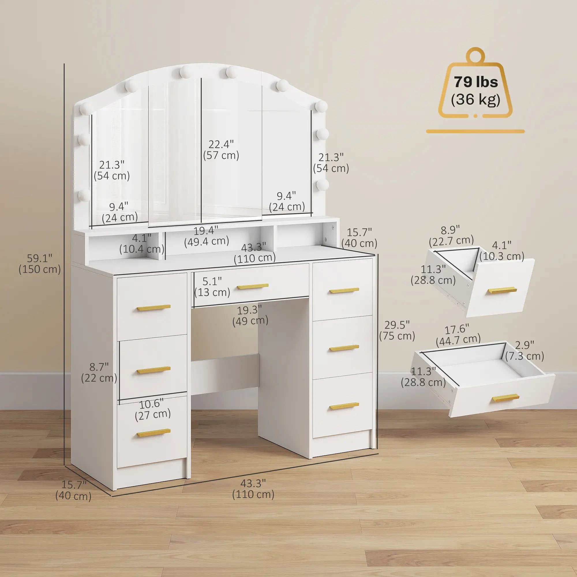 Makeup Vanity with Mirror, 10 LED Lights, 3 Color Adjustable, 7 Drawers, White Dressing & Vanity Tables at Gallery Canada