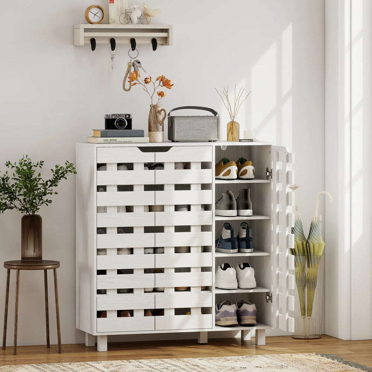 Shoe Cabinet, 21 Pair Storage with Hollowed-Out Doors, White Shoe Storage Cabinets & Racks at Gallery Canada