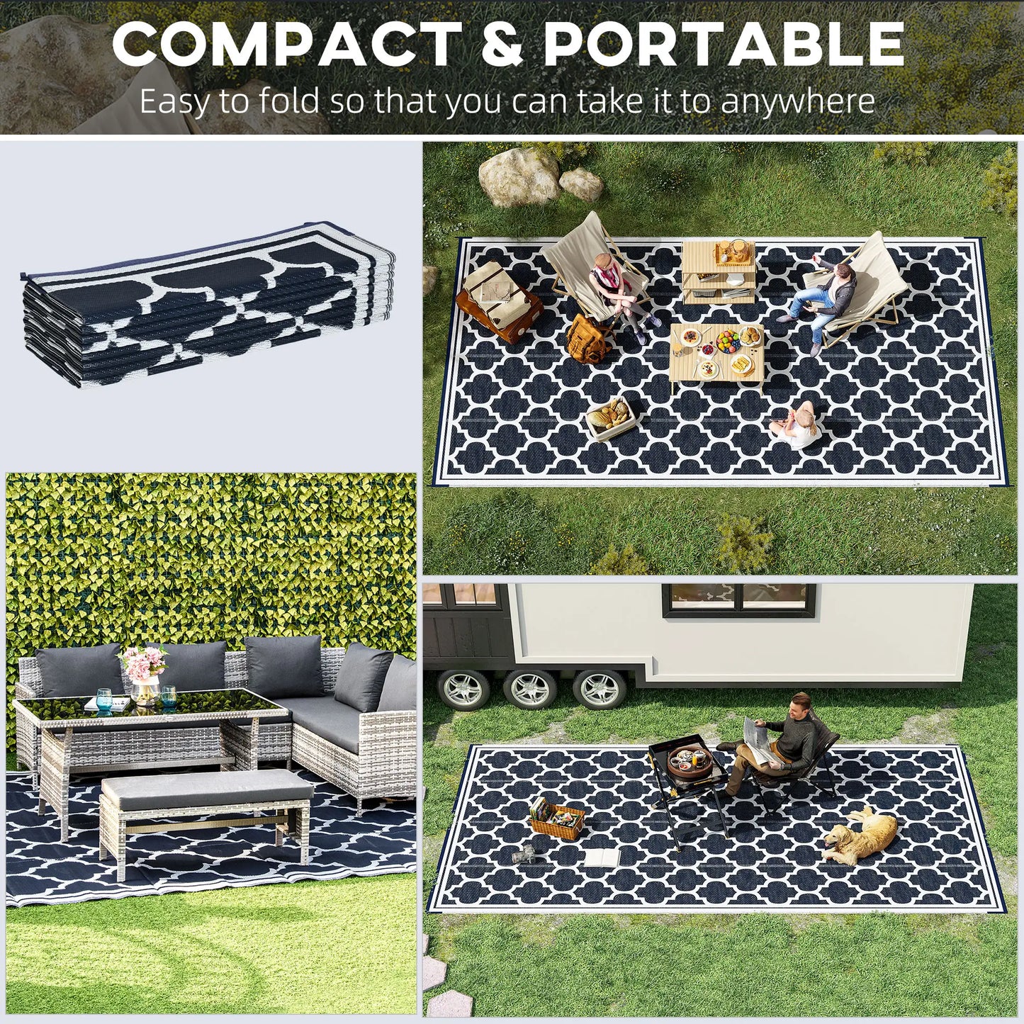 Reversible Outdoor RV Rug, 9' x 18', White, Patio Mat, Dark Blue Outdoor Reversible Rugs at Gallery Canada