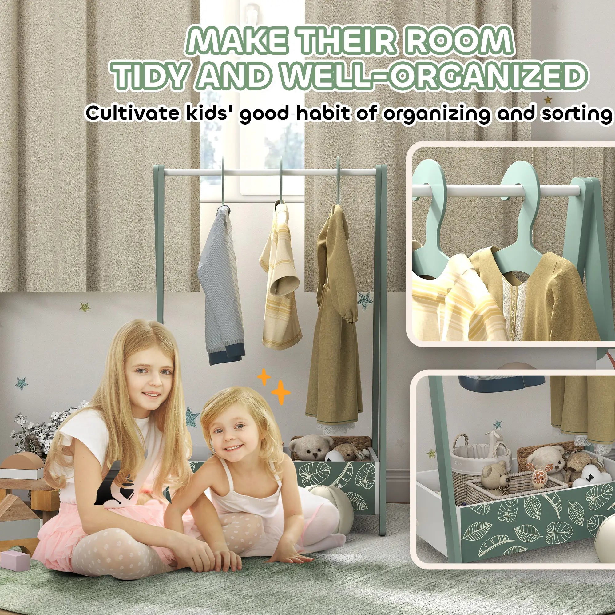 Kids Clothing Rack with Storage Shelf, Hangers, Green Kids Bedroom Furniture at Gallery Canada