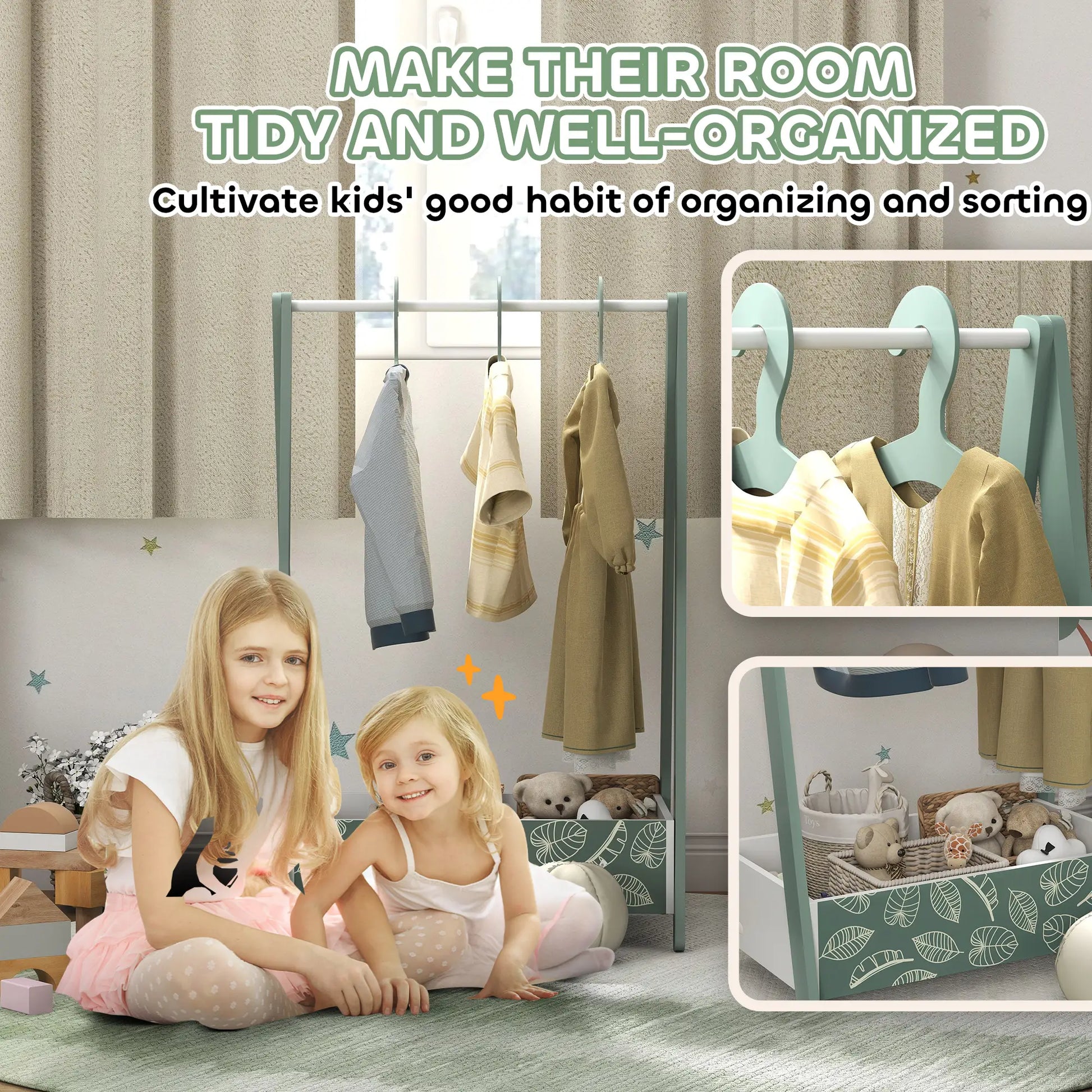 Kids Clothing Rack with Storage Shelf, Hangers, Green Kids Bedroom Furniture at Gallery Canada