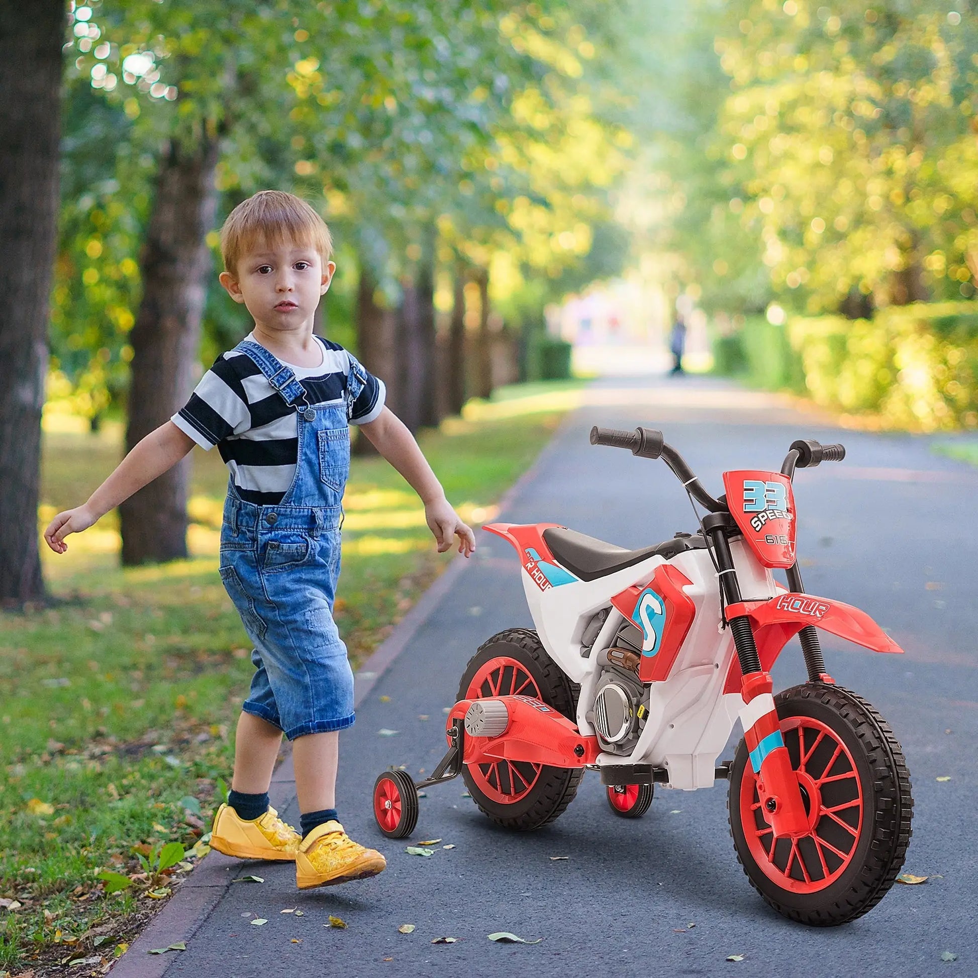 Kids Dirt Bike 12V Battery, Training Wheels, Red Electric Motorcycles at Gallery Canada