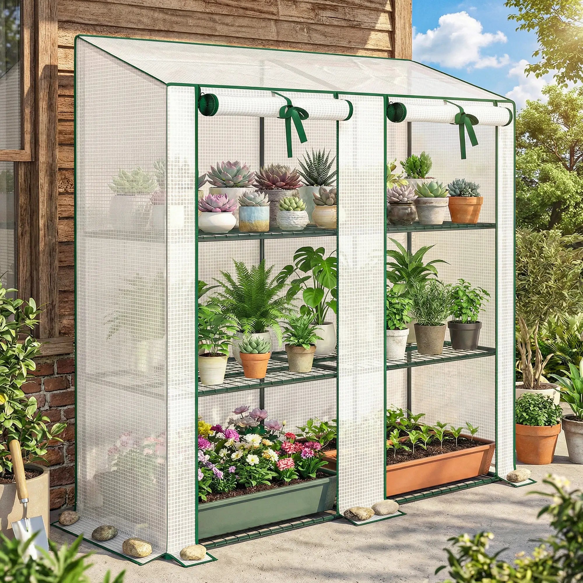 Portable Mini Greenhouse, 3 Tier Shelves, Reinforced PE Cover, 56.3