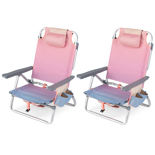 2 Portable Folding Backpack Recliners, 5-Position Backrest, Padded Headrest, Pink