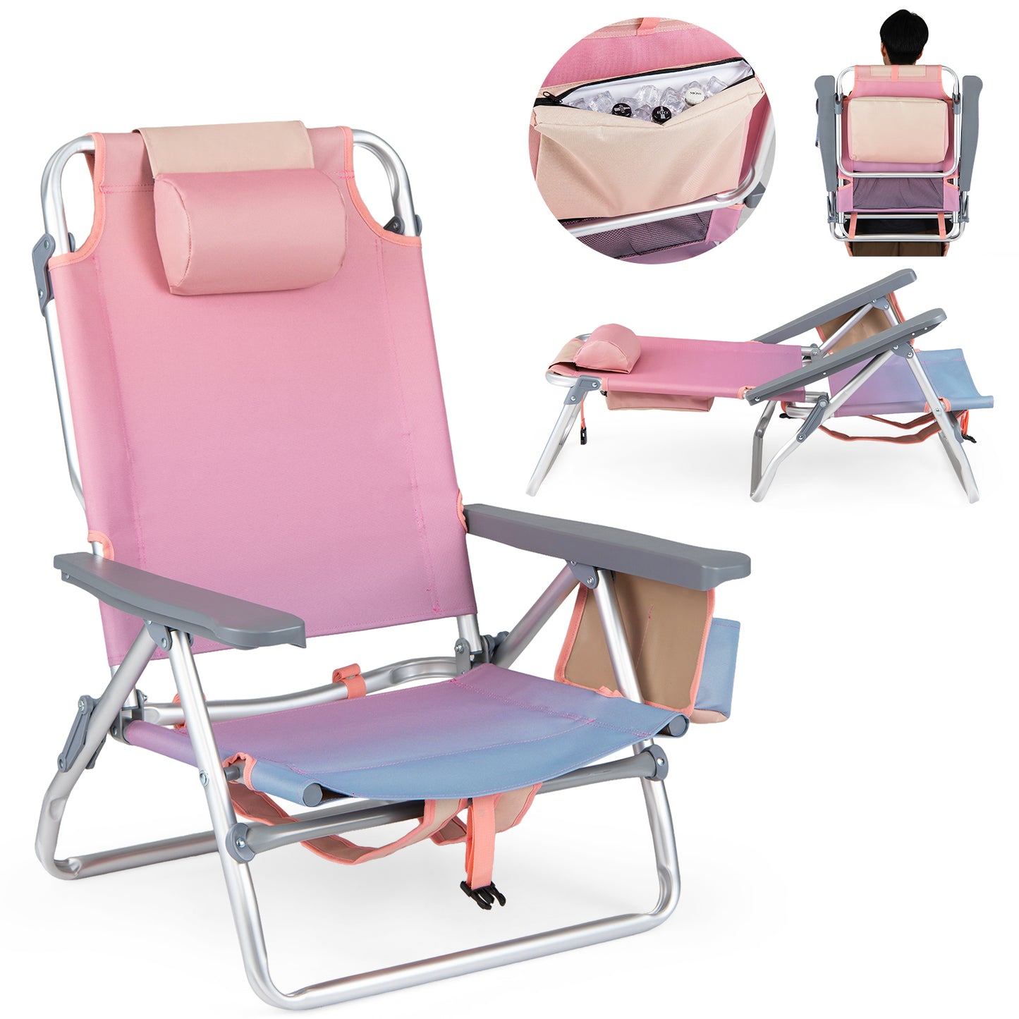 2 Portable Folding Backpack Recliners, 5-Position Backrest, Padded Headrest, Pink Beach & Lawn Chairs at Gallery Canada
