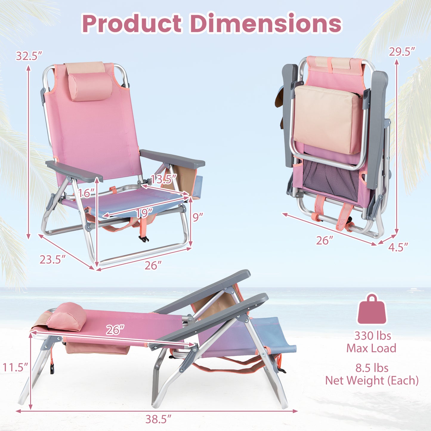 2 Portable Folding Backpack Recliners, 5-Position Backrest, Padded Headrest, Pink Beach & Lawn Chairs at Gallery Canada