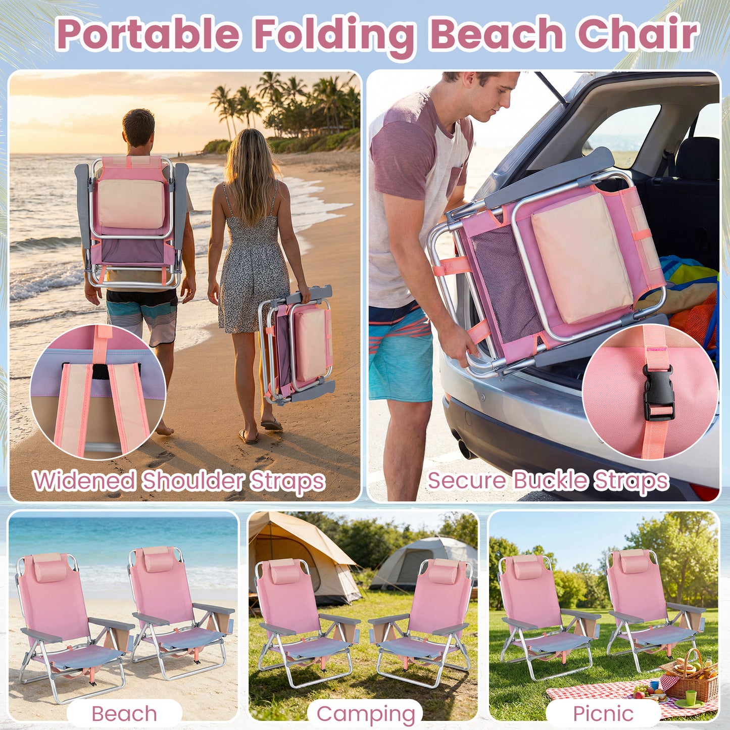 2 Portable Folding Backpack Recliners, 5-Position Backrest, Padded Headrest, Pink Beach & Lawn Chairs at Gallery Canada
