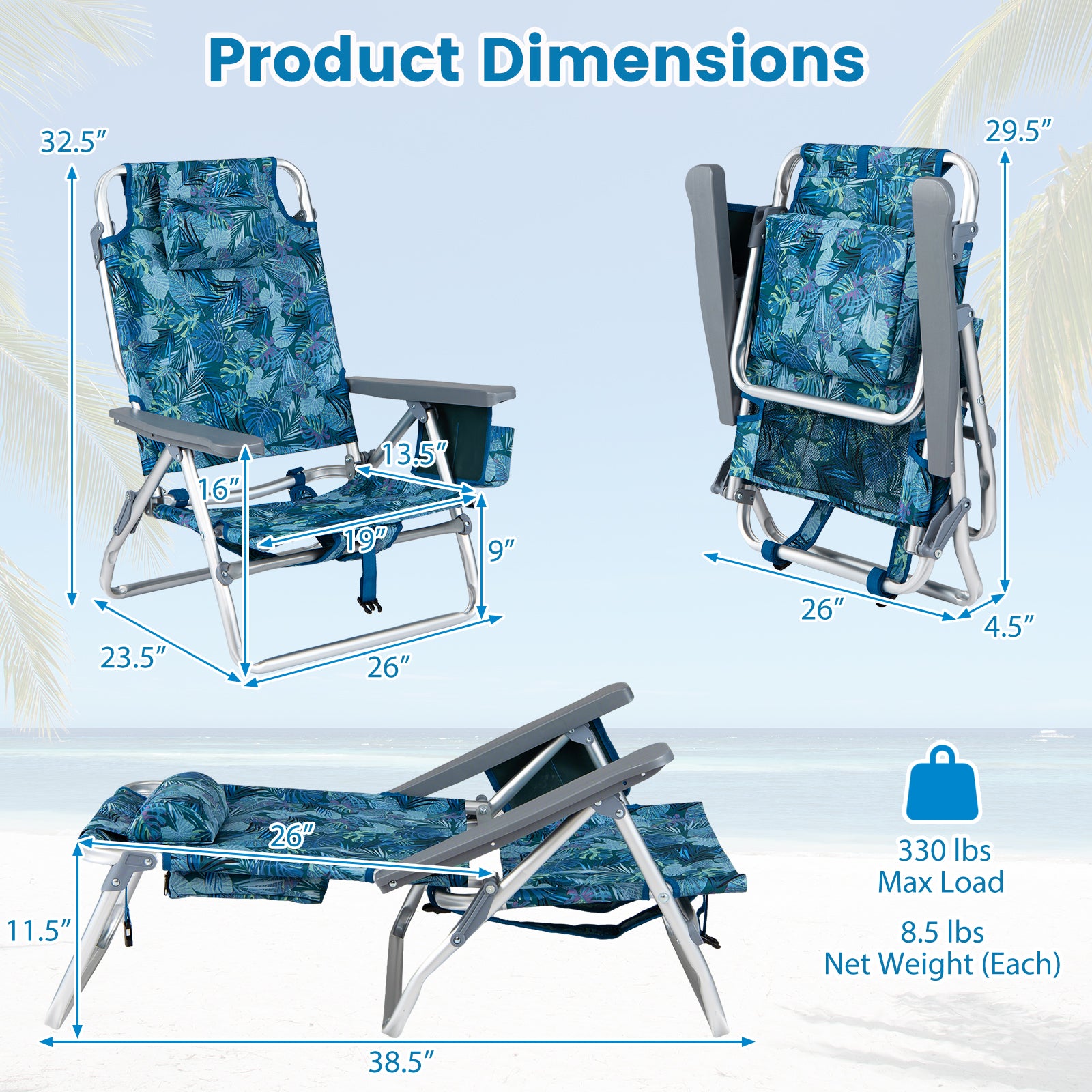 Portable Folding Beach Chairs Set of 2, Peacock Blue Beach & Lawn Chairs at Gallery Canada