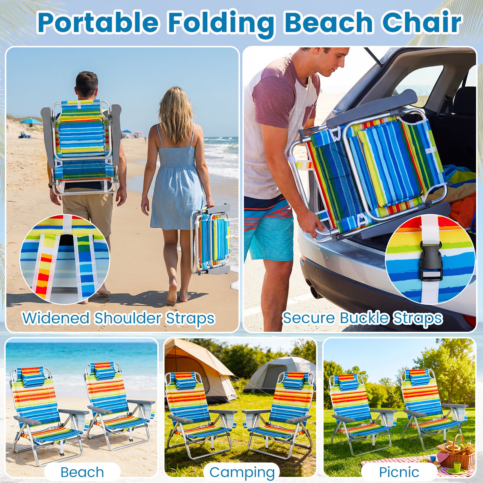 Portable Folding Beach Chairs, Set of 2, 5-Position Backrest, Yellow Beach & Lawn Chairs at Gallery Canada