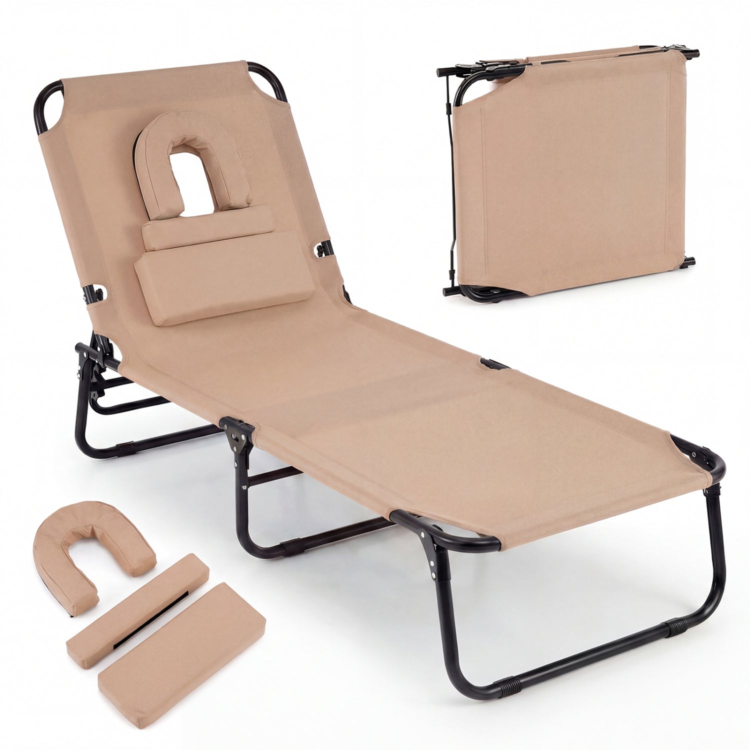Beach Chaise Lounge Chair With Face Hole, Removable Pillow, Beige Outdoor Chaise Lounges Beige at Gallery Canada