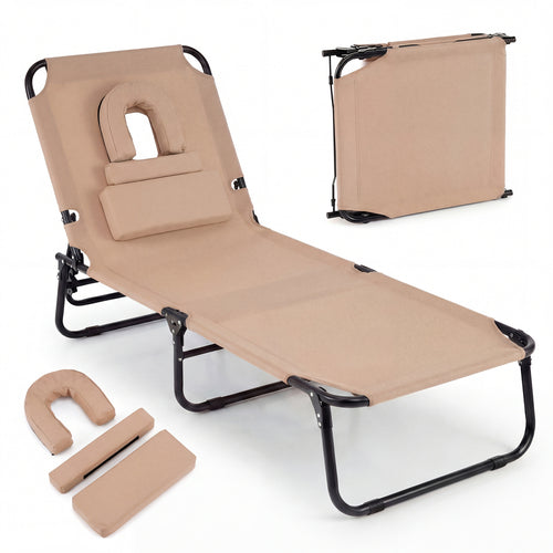 Beach Chaise Lounge Chair With Face Hole, Removable Pillow, Beige